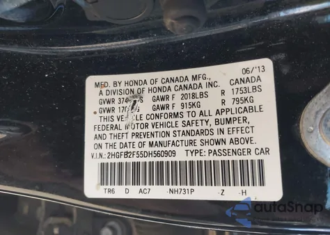 2013 Honda Civic Lx from USA, damaged, VIN 2HGFB2F55DH560909